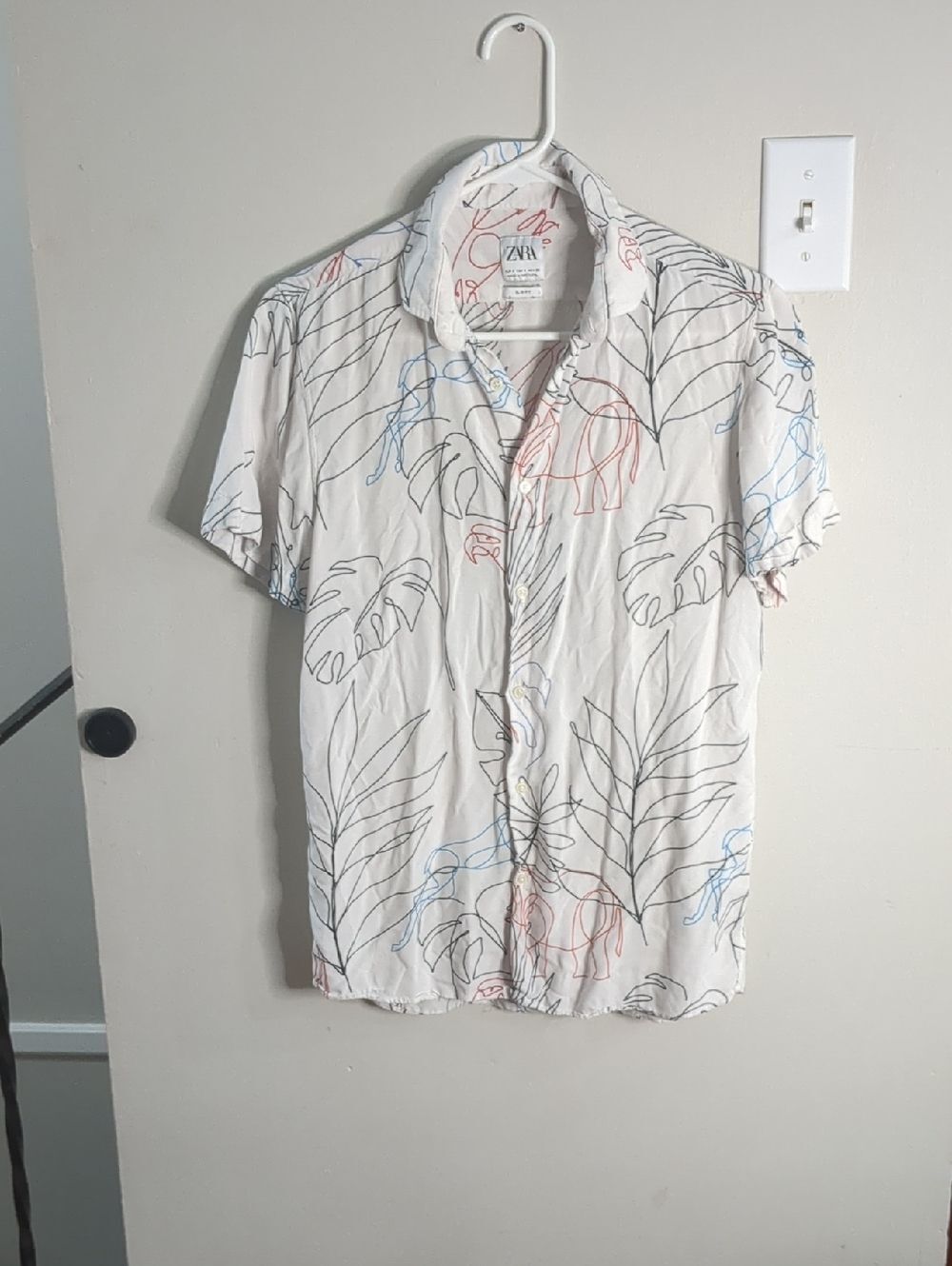Zara Man Slim Fit Short Sleeve Button Down - White, Multicolor Tropical Bird, Sm